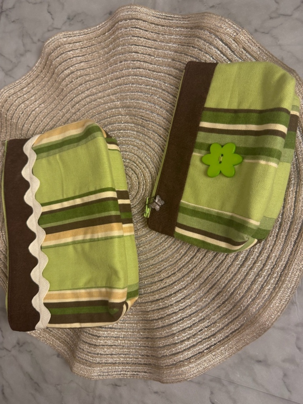 2Pc Handmade Chocolate Lime Pouch Bag Flower Detail Wavy Cute Ice Cream Parlor
